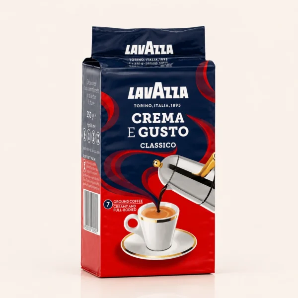 پاکت سرمه‌ای و قرمز قهوه لاوازا ۲۵۰ گرمی مدل کرما گوستو کلاسیکو (Crema E Gusto) در سایت بارولو