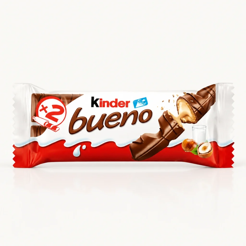 بسته‌بندی شکلات کیندر بوئنو (Kinder Bueno) حاوی دو قطعه ویفر با مغزی کرم فندق در فروشگاه بارولو
