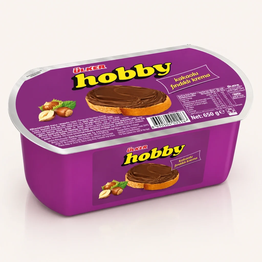 بسته‌بندی کاسه‌ای بنفش رنگ کرم کاکائو و فندق صبحانه هوبی اولکر (Ülker Hobby) وزن ۶۵۰ گرم در فروشگاه بارولو