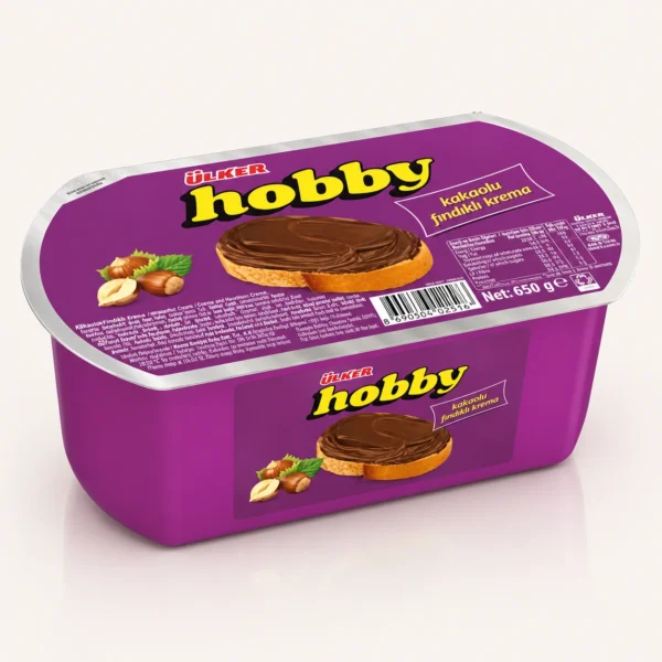بسته‌بندی کاسه‌ای بنفش رنگ کرم کاکائو و فندق صبحانه هوبی اولکر (Ülker Hobby) وزن ۶۵۰ گرم در فروشگاه بارولو