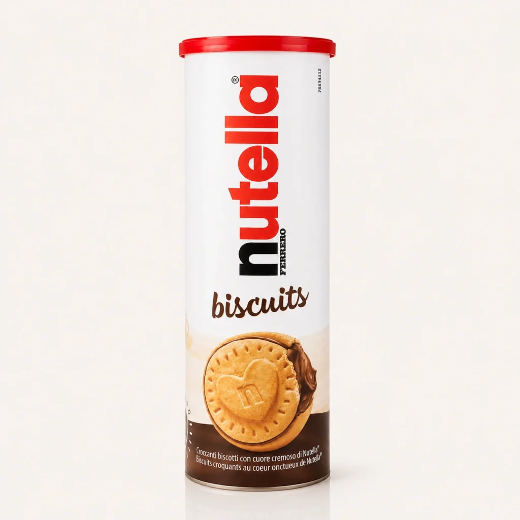 بسته‌بندی استوانه‌ای و لیوانی بیسکویت نوتلا فررو (Nutella Biscuits) با مغزی کرم فندق در فروشگاه بارولو