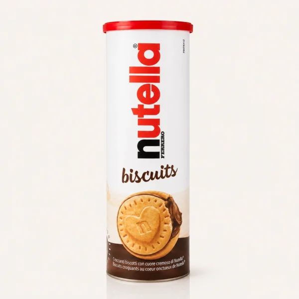 بسته‌بندی استوانه‌ای و لیوانی بیسکویت نوتلا فررو (Nutella Biscuits) با مغزی کرم فندق در فروشگاه بارولو